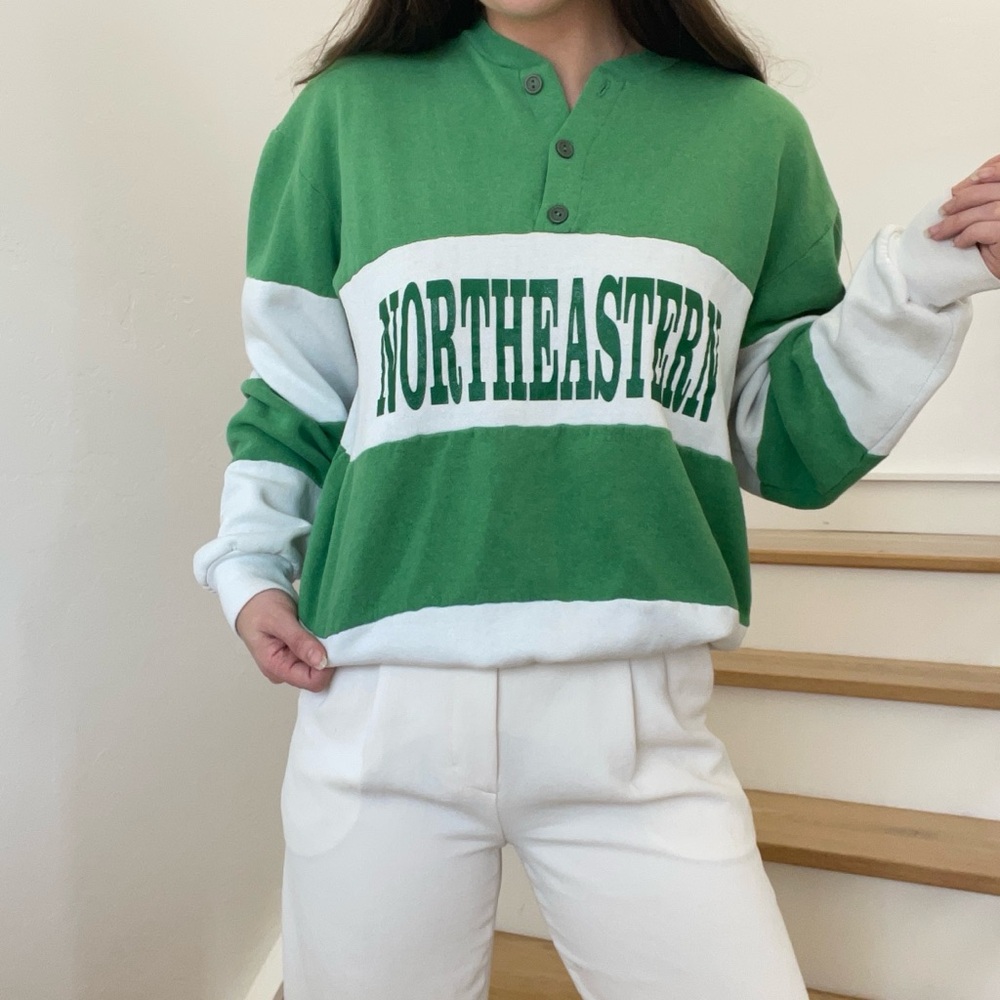 Vintage Nutmeg Mills Northeastern University Green Striped Rugby Sweatshirt